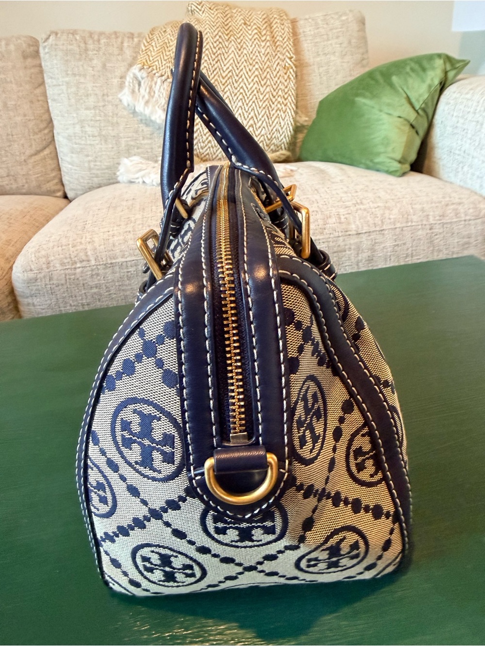 Authentic Tory Burch T Logo Navy and Cream Canvas Satchel with strap. Medium - Picture 4 of 14